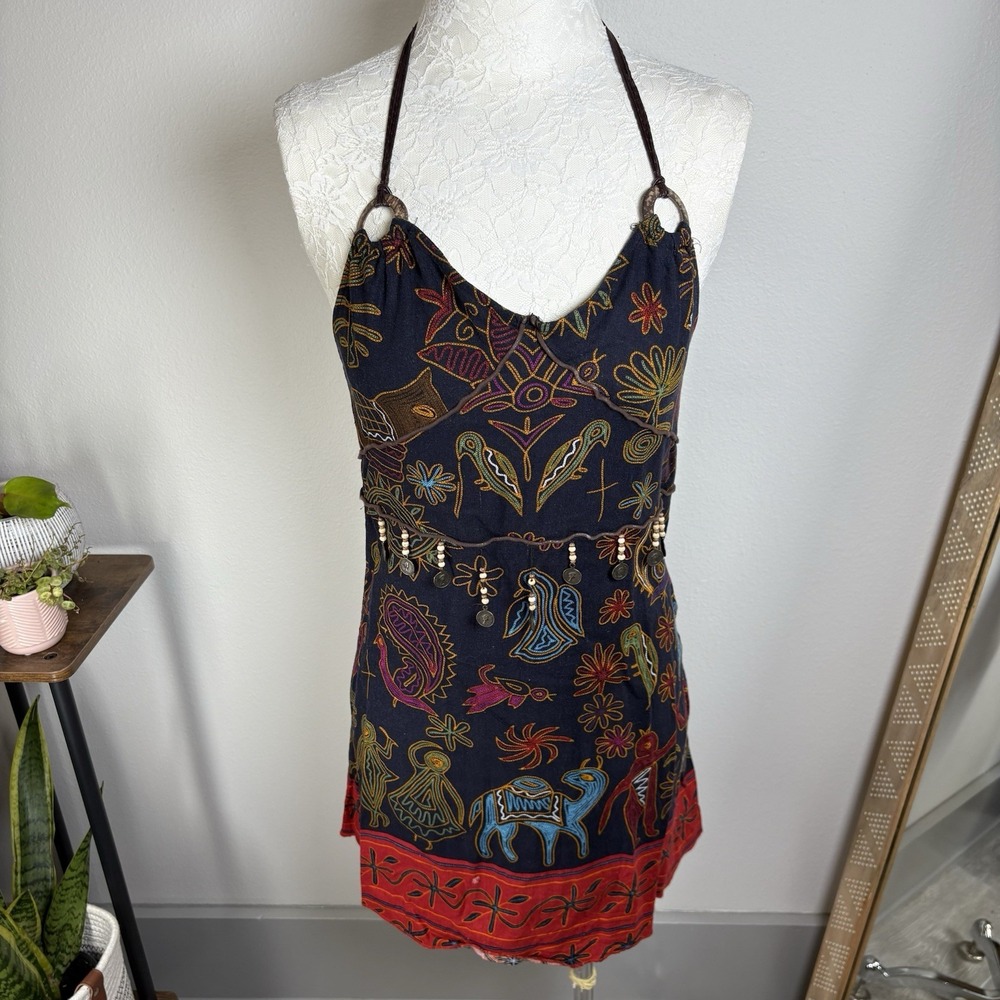 Unbranded Women 6 Black Halter Dress Boho Festival Beaded Cotton